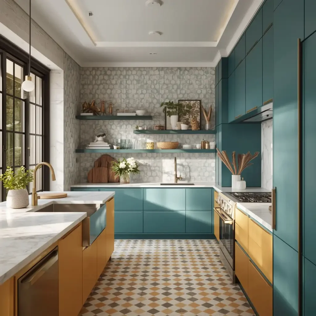 Teal and mustard kitchen with patterned tiles and modern styling
