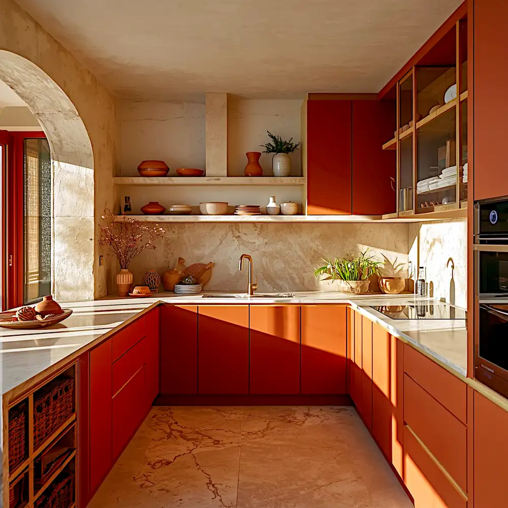 Terracotta kitchen with clay tone backsplash Mediterranean earthy warm design