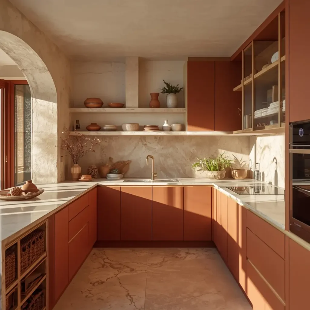Terracotta kitchen with clay-toned backsplash and warm lighting