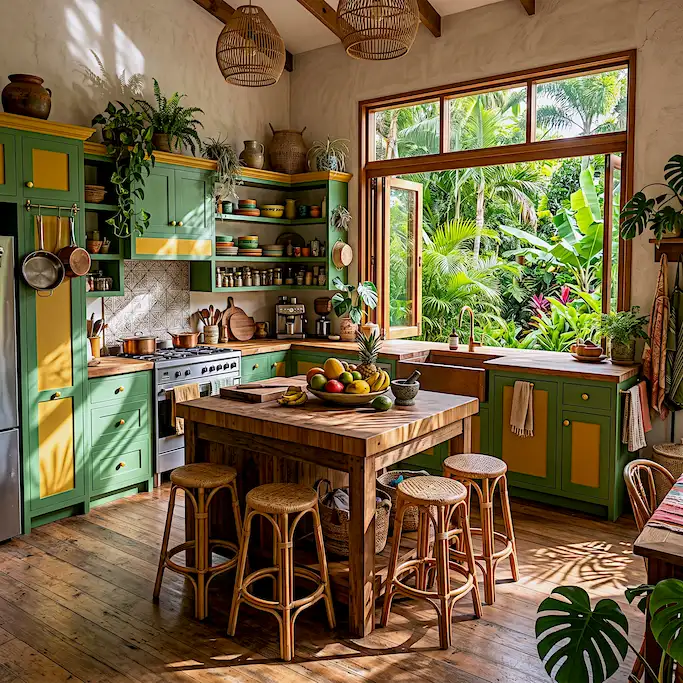 Tropical colour pop kitchen green and yellow cabinets bold joyful design 2026