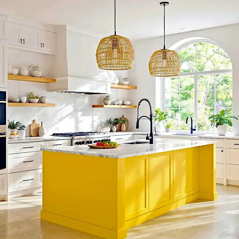 White kitchen with bold yellow island and rattan pendant lights modern bright design