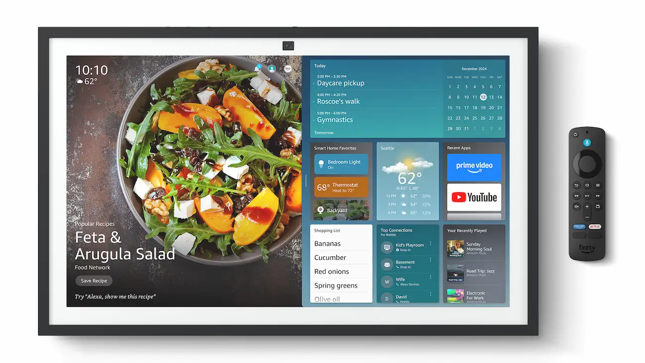 Echo Show 21 large smart display on office desk streaming video and widgets