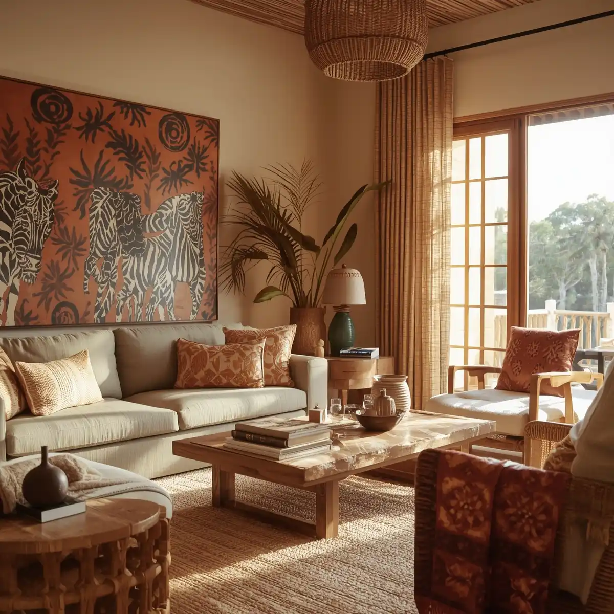 Afro-Boho living space with African art, rattan textures, warm woods, and handcrafted pottery.