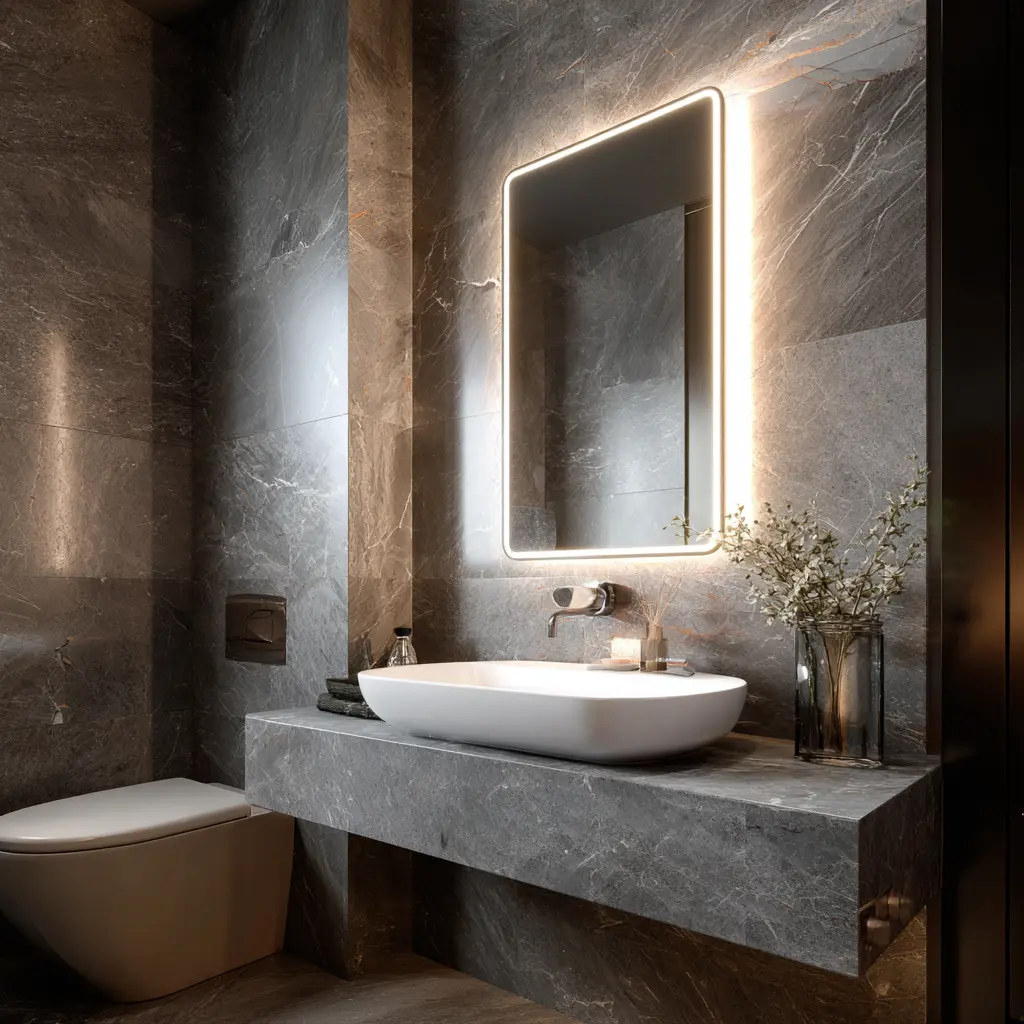 Industrial minimalist bathroom with concrete walls, floating concrete vanity, and large backlit LED mirror