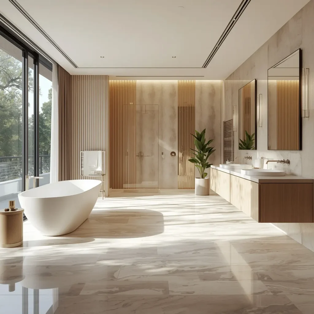 Luxurious modern bathroom interior with warm beige porcelain tile flooring and freestanding white bathtub