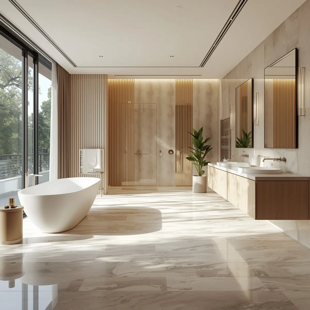 Luxurious modern bathroom interior with warm beige porcelain tile flooring and freestanding white bathtub