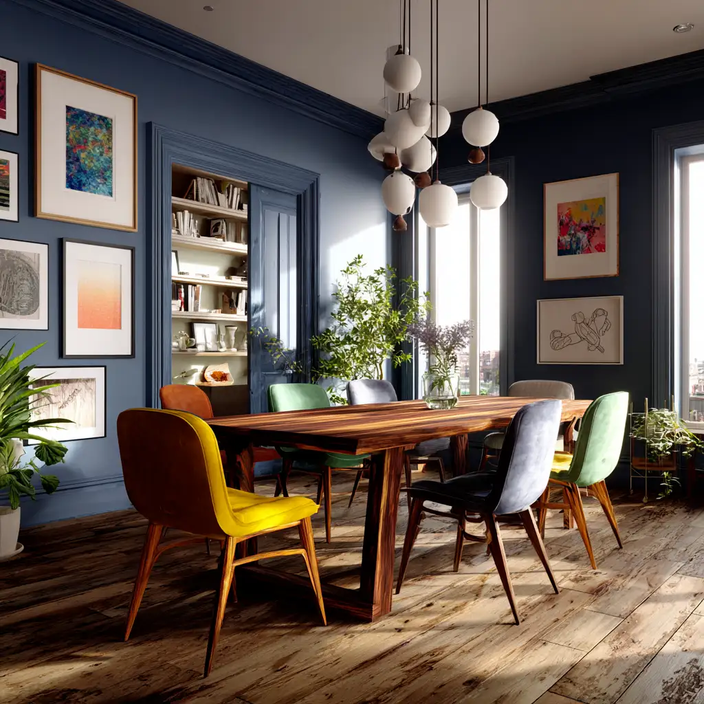 Scandinavian dining room with modern chairs and warm lighting