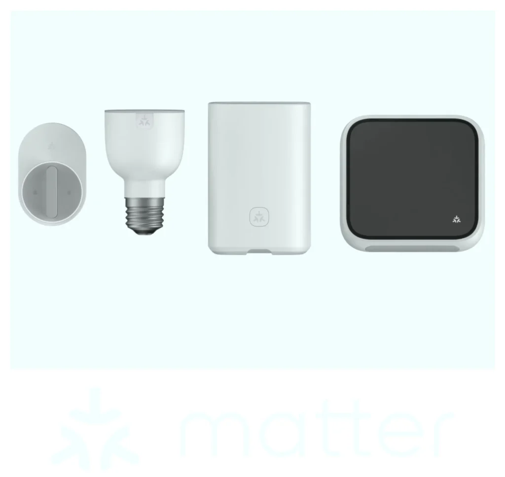 Matter 1.5 smart home ecosystem with smart lock, smart bulb, router hub, and display screen on white background