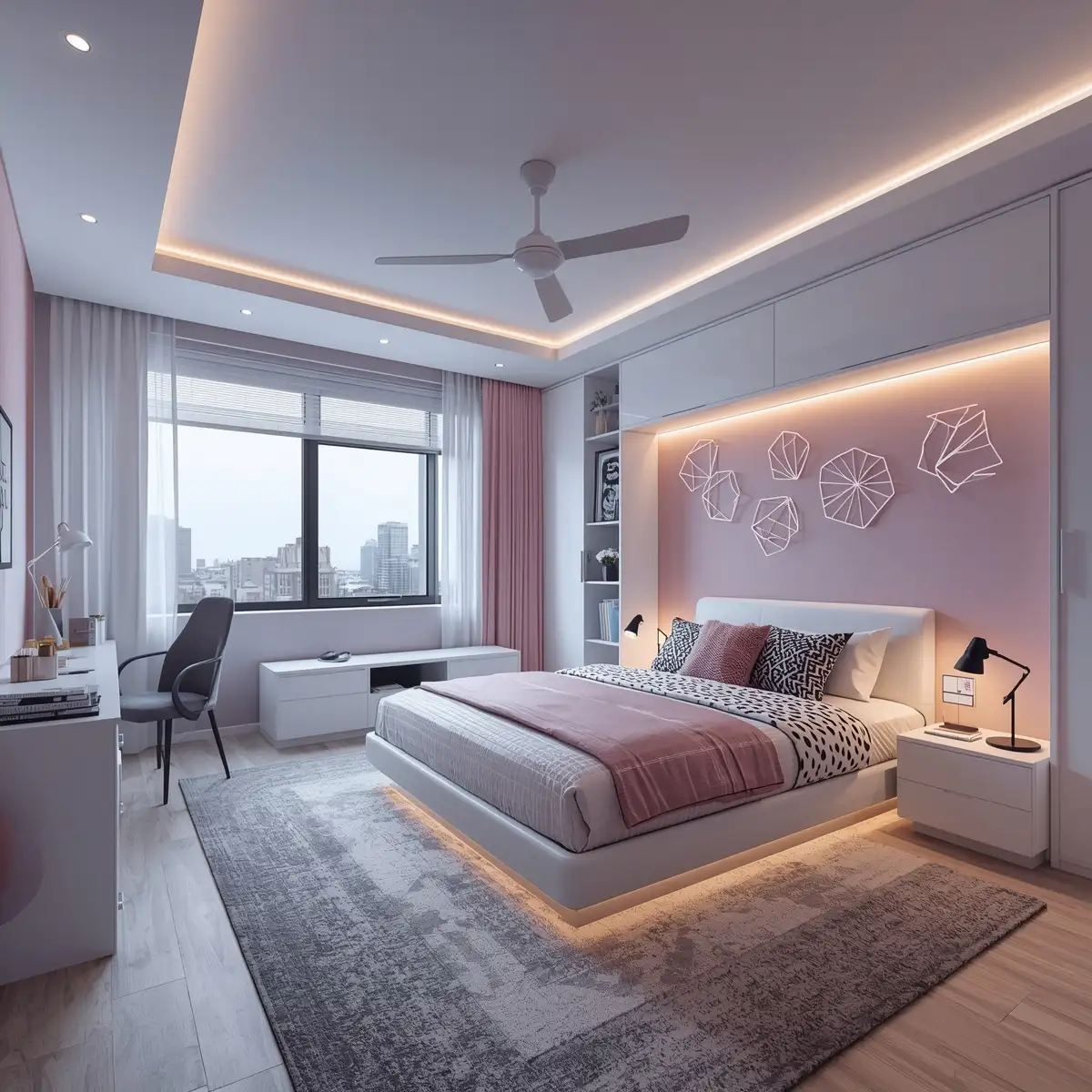 Simple modern bedroom design with futuristic lighting and clean interior layout