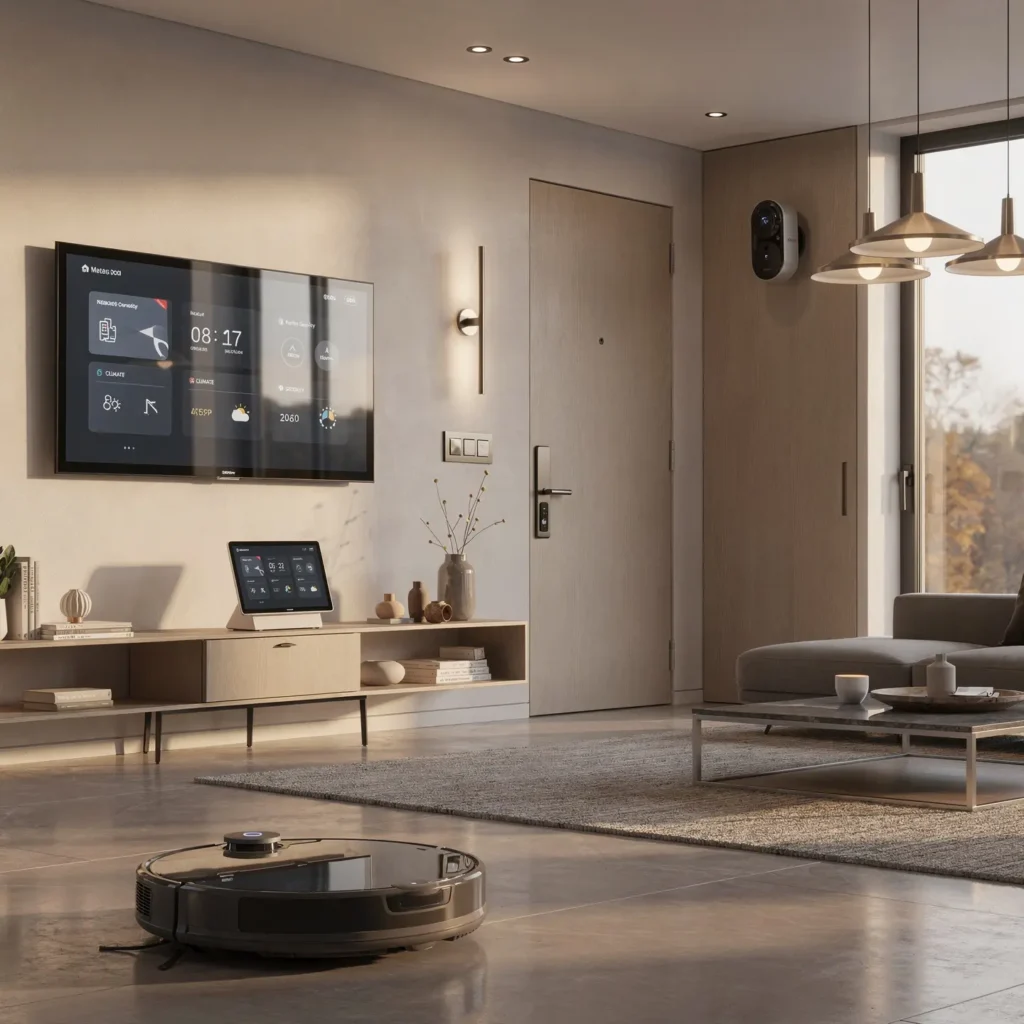 Image showing upcoming smart home gadgets of 2026 including smart hub, security, robot vacuum, and smart network devices