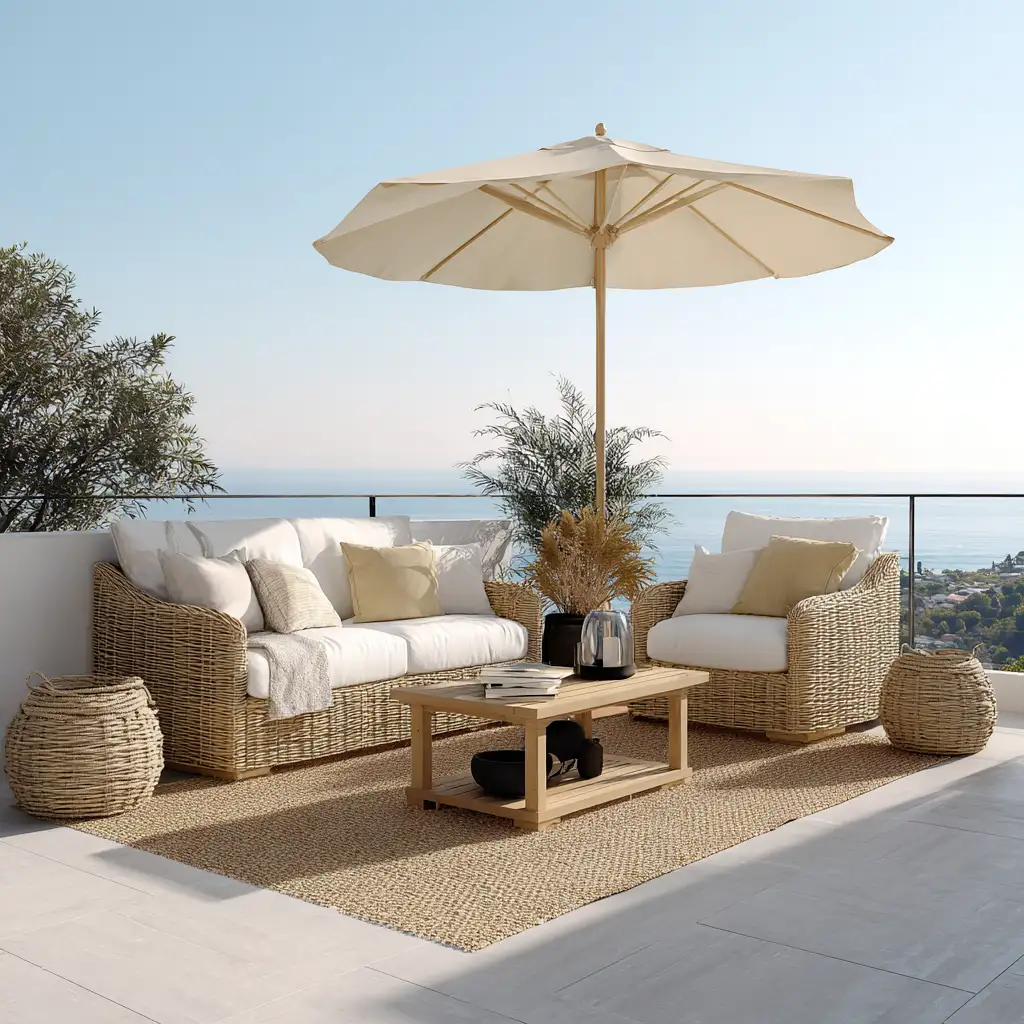Coastal rattan outdoor furniture set with umbrella on beach deck patio