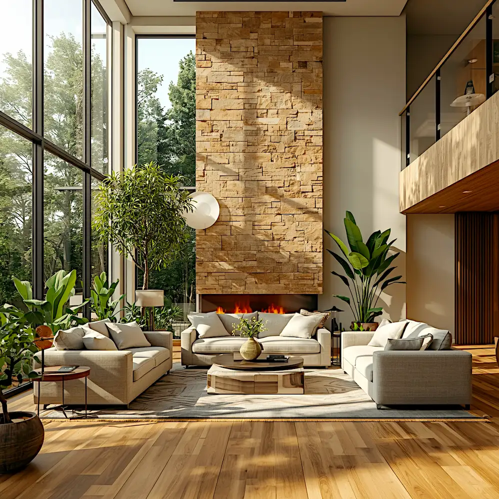 Biophilic smart living room with large windows, layered indoor plants, and natural wood flooring creating calm atmosphere