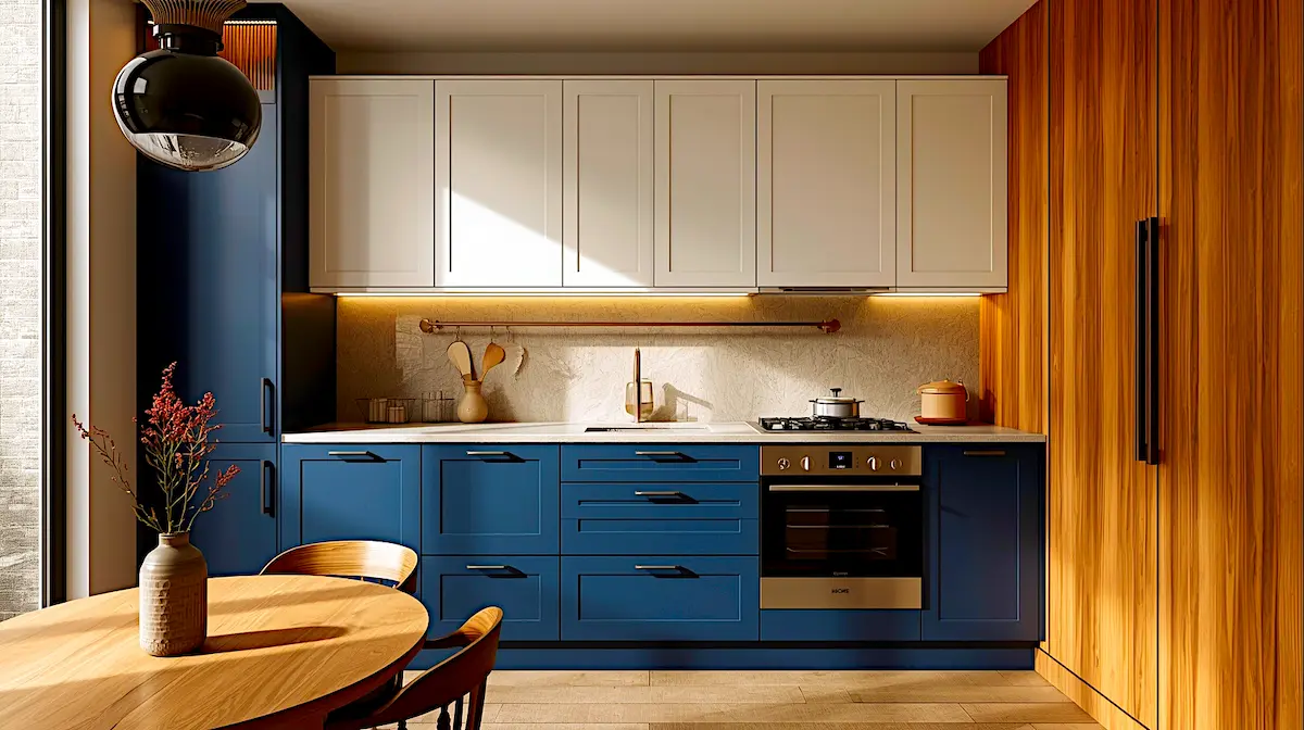 Small kitchen with navy blue lower cabinets natural wood upper cabinets and two-tone design