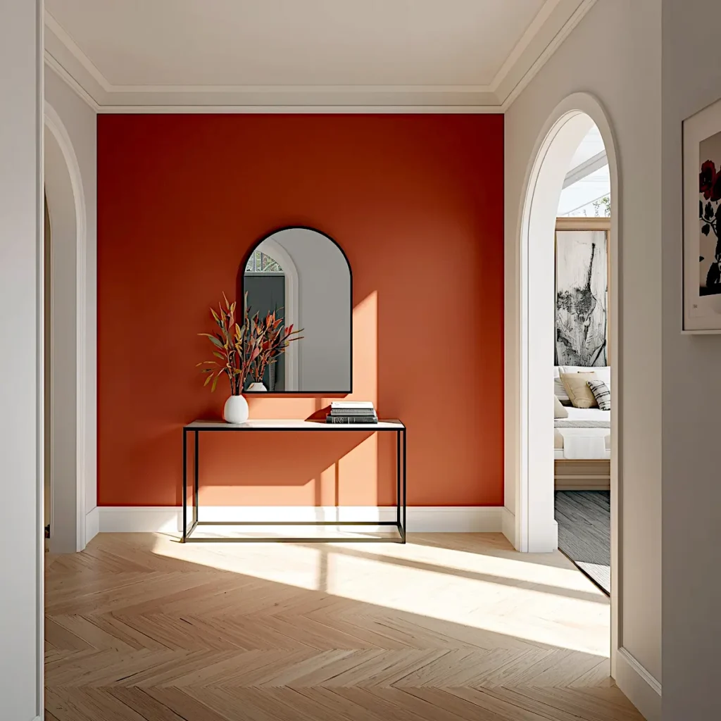Warm spring color palette terracotta accent wall in modern entrance hallway with archway and wood floors