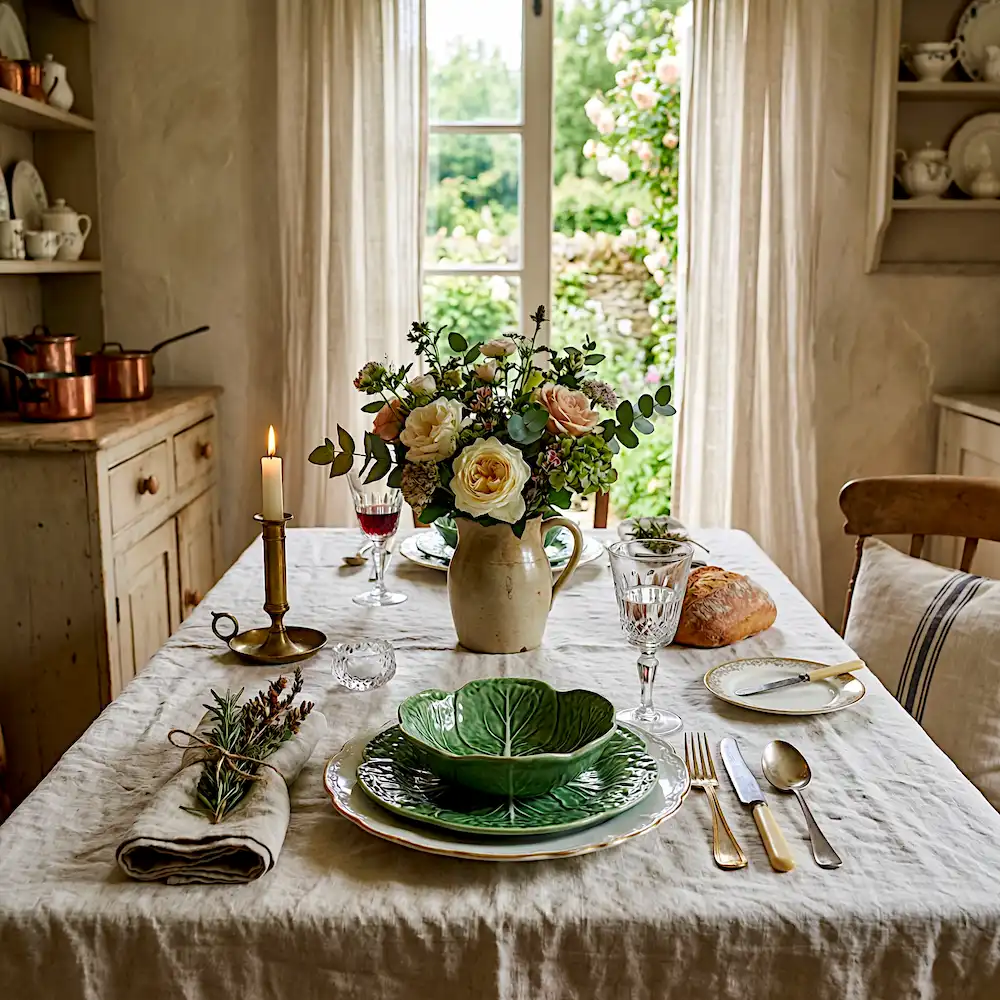 Vintage European cabbageware table setting with formal green leaf plates on crisp white linen in a traditional dining room