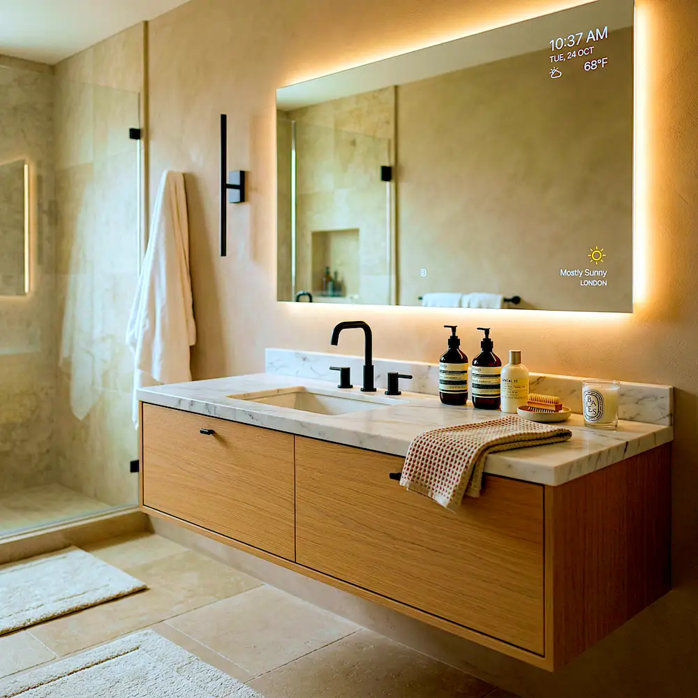 smart mirror with LED lighting and digital display in modern bathroom vanity