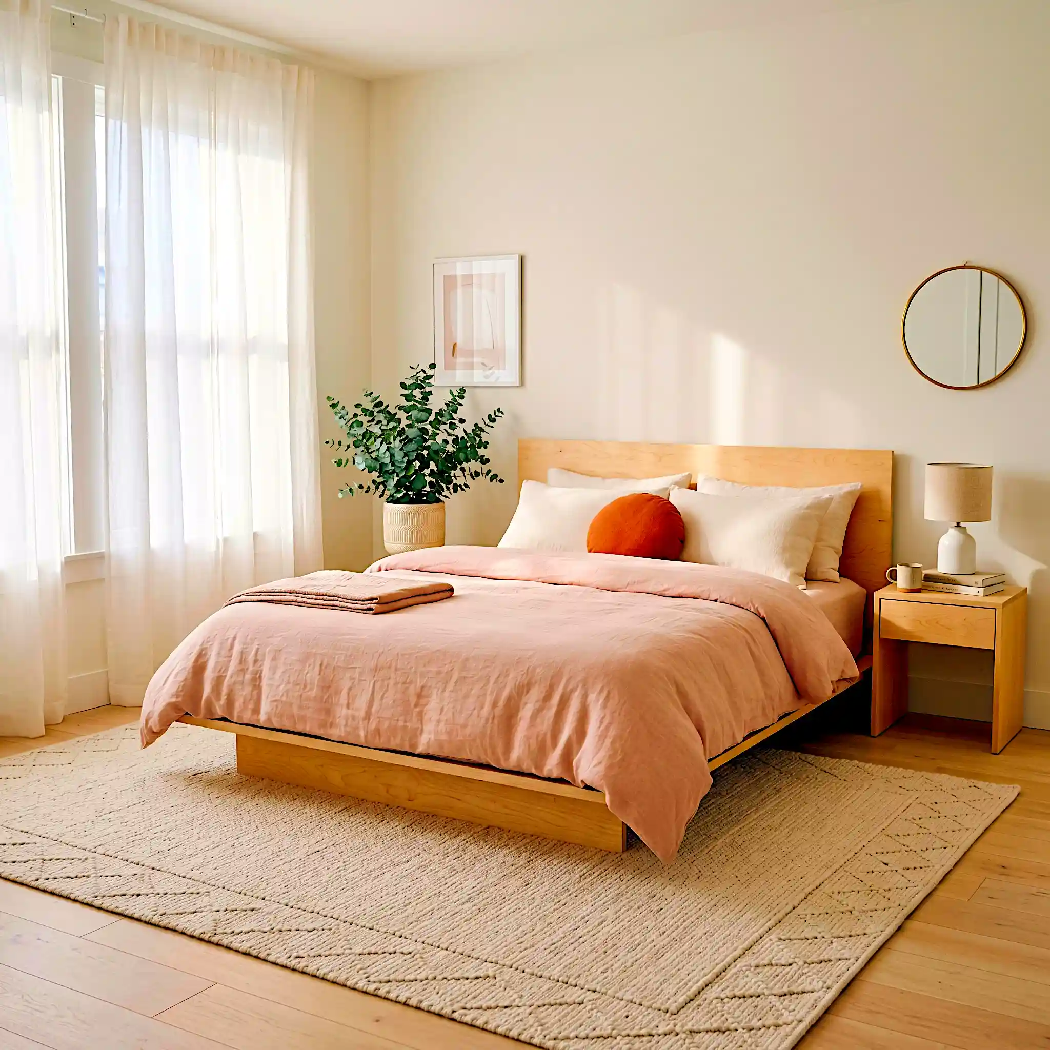 Blush pink and birch wood Japandi medium bedroom with soft blush linen duvet, terracotta accent cushion, eucalyptus plant in cream ceramic pot and small round mirror