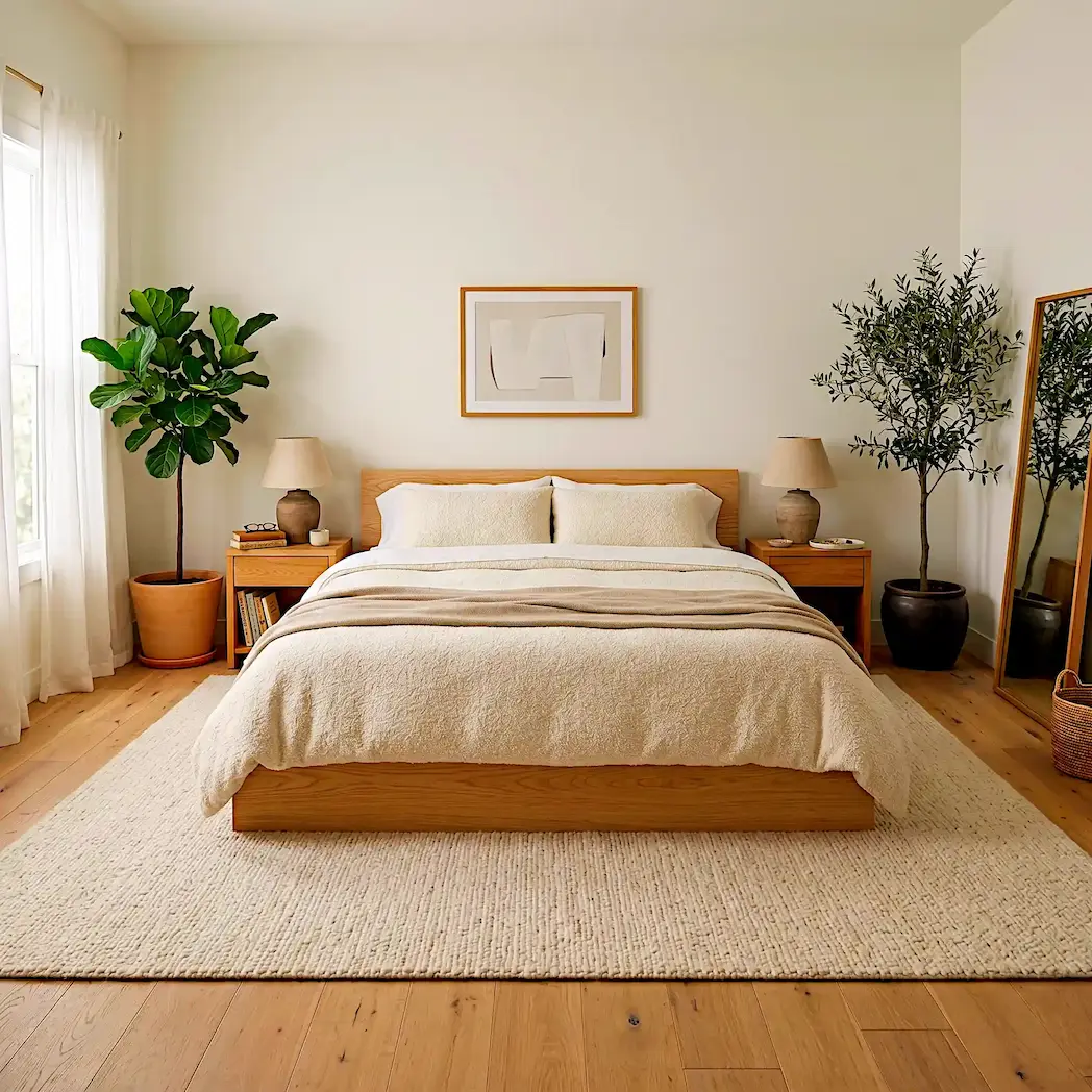 Couple's large Japandi bedroom with extra wide king ash platform bed, symmetric oak nightstands with personal items on each side, fiddle leaf fig and olive tree in far corners