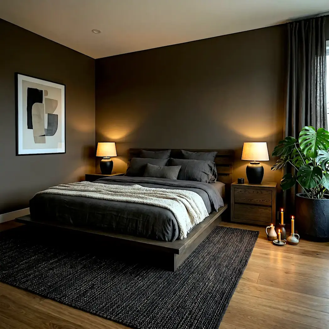 Dark dramatic Japandi master bedroom with king smoked oak platform bed, charcoal linen bedding, deep mushroom brown walls, very large monstera in dark slate planter