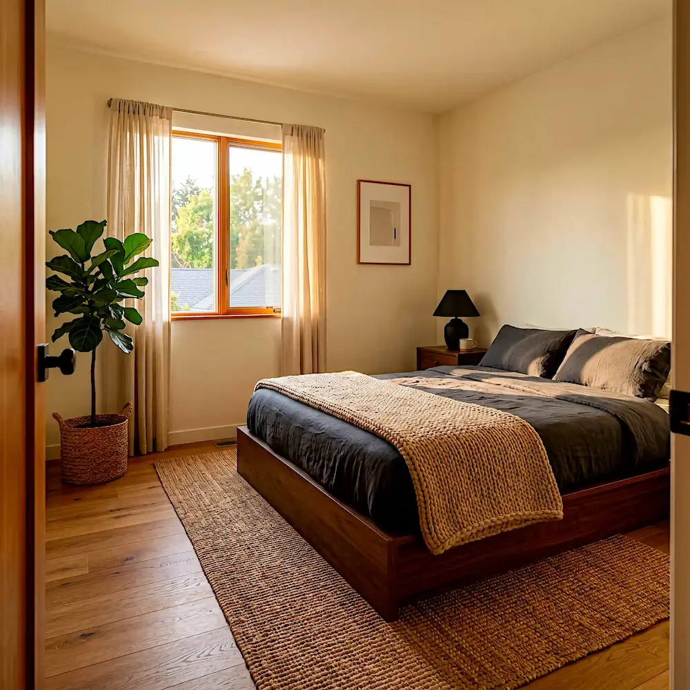Small Japandi bedroom with dark walnut low platform bed, charcoal linen bedding, warm off-white walls, beige knit throw and fiddle leaf fig in woven basket