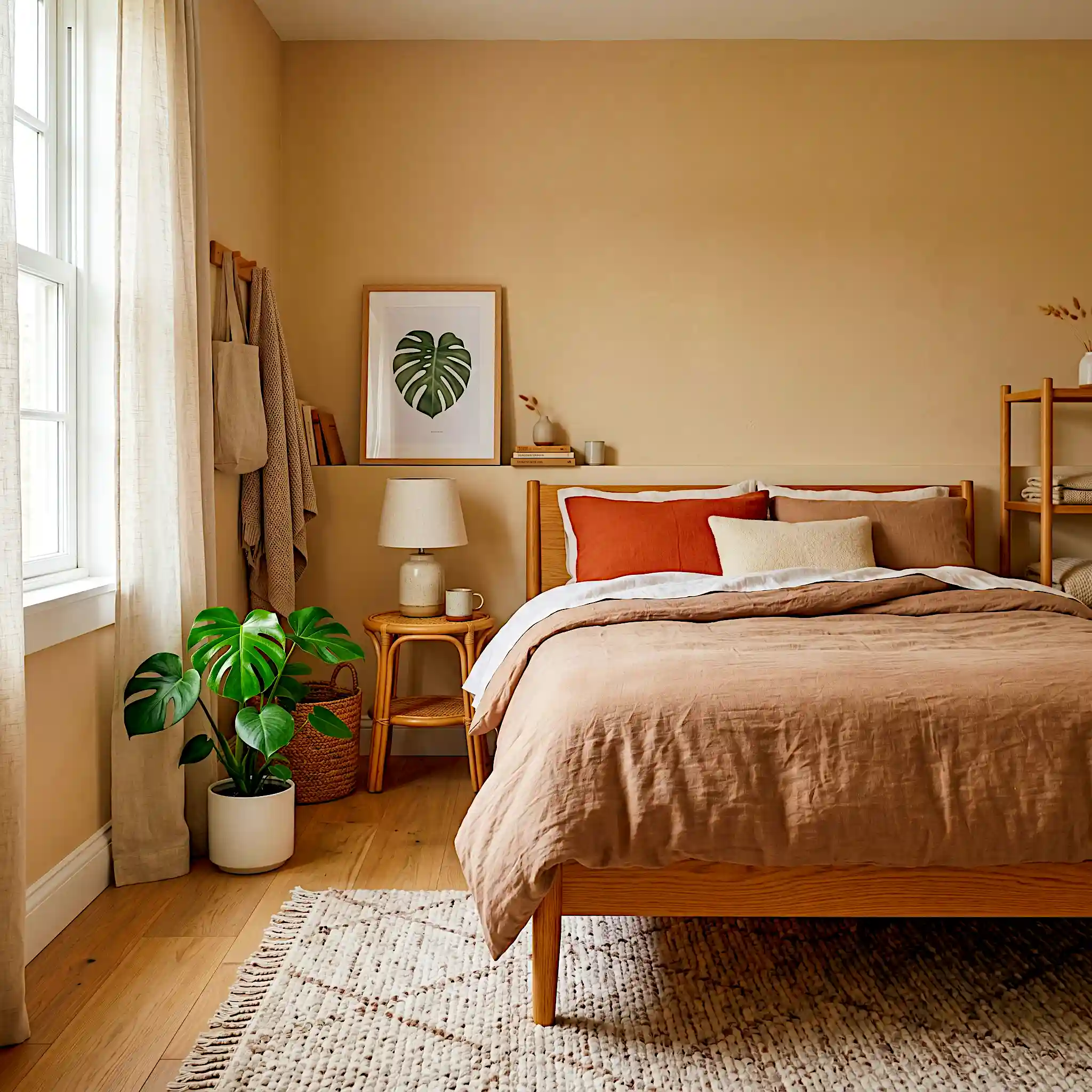 Renter-friendly small Japandi bedroom with clay linen duvet, terracotta pillow, rattan nightstand and monstera in white ceramic pot on warm wood floor