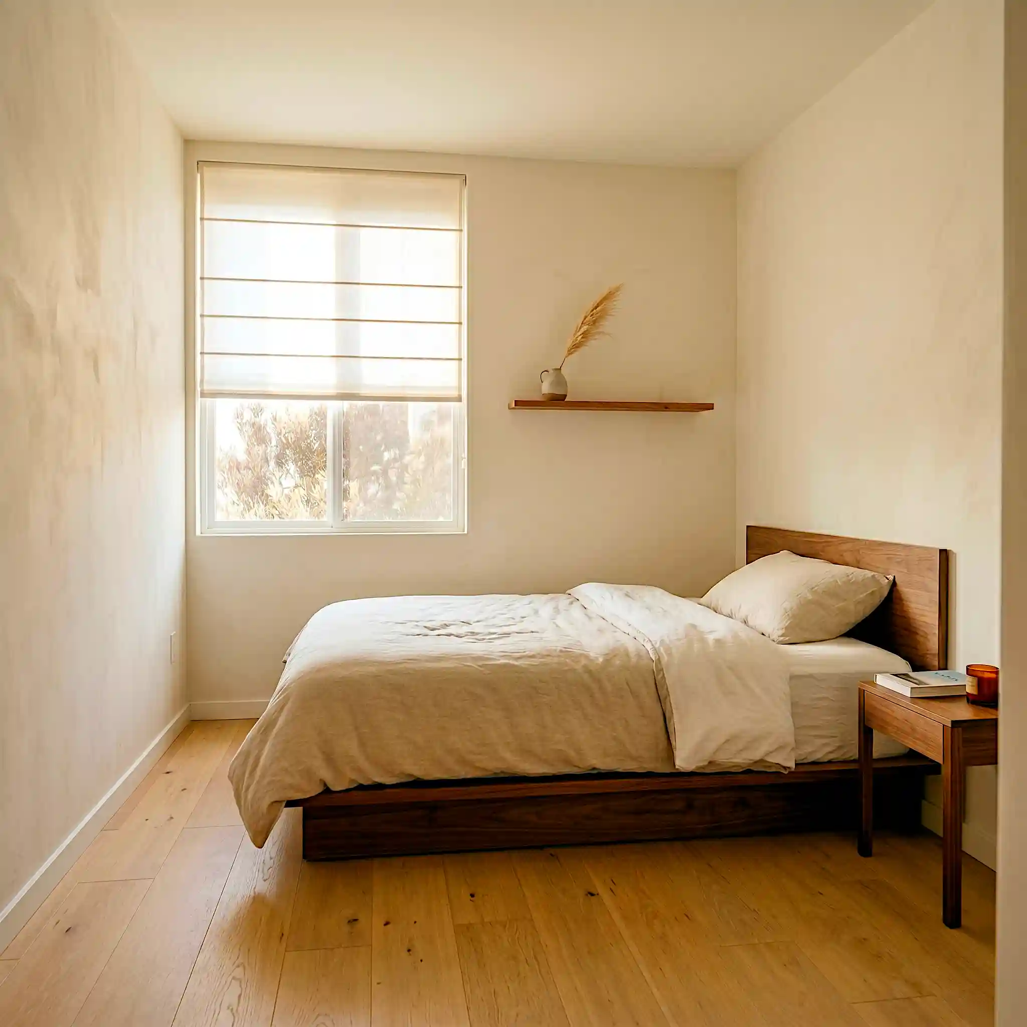 Minimalist small Japandi bedroom with floating wooden shelf above bed replacing nightstand, shoji roller blind, dried pampas stem in ceramic vase on pale wood floor