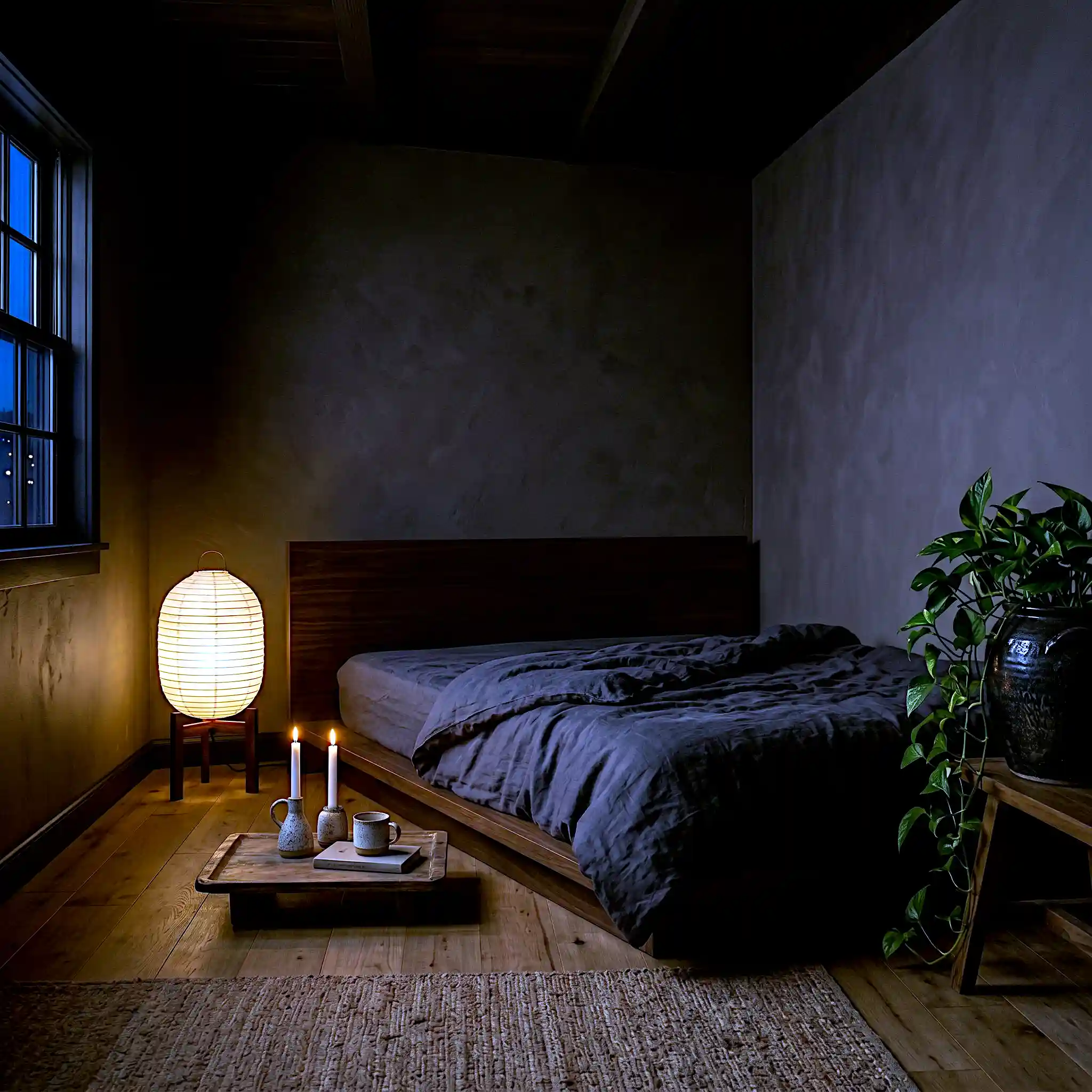 Moody Japandi medium bedroom with deep mushroom brown matte walls, dark walnut bed, charcoal linen duvet, paper lantern floor lamp and trailing pothos in dark ceramic pot