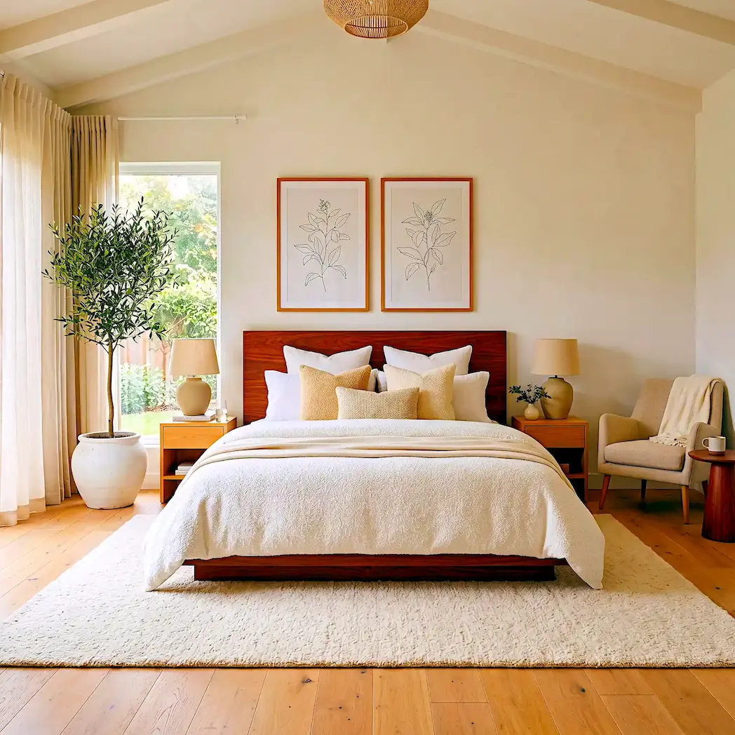 Japandi master bedroom with king walnut platform bed, extra large cream wool rug, matching oak nightstands with ceramic lamps, oat linen reading chair and floor to ceiling sheers