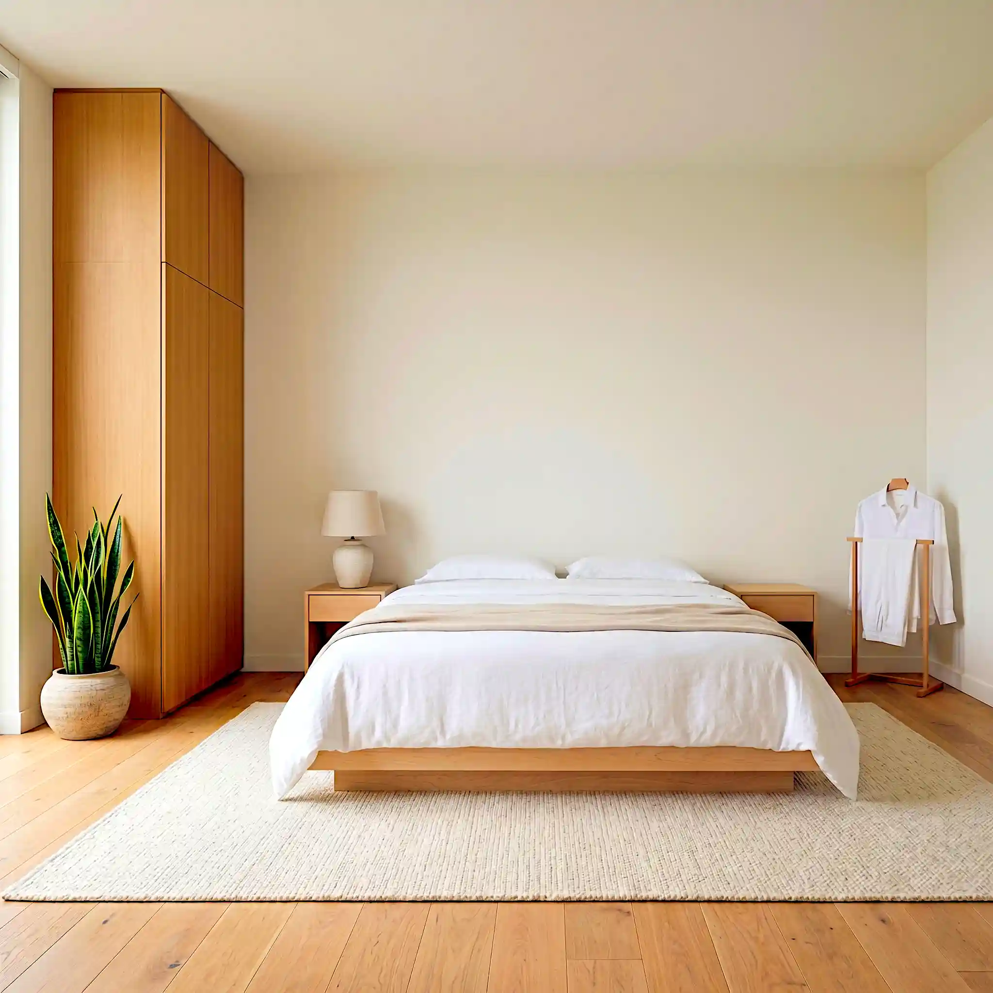 Minimalist large Japandi master bedroom with floor to ceiling matte push-to-open oak wardrobe wall, slim wooden valet stand in corner, two flat pillows only and snake plant