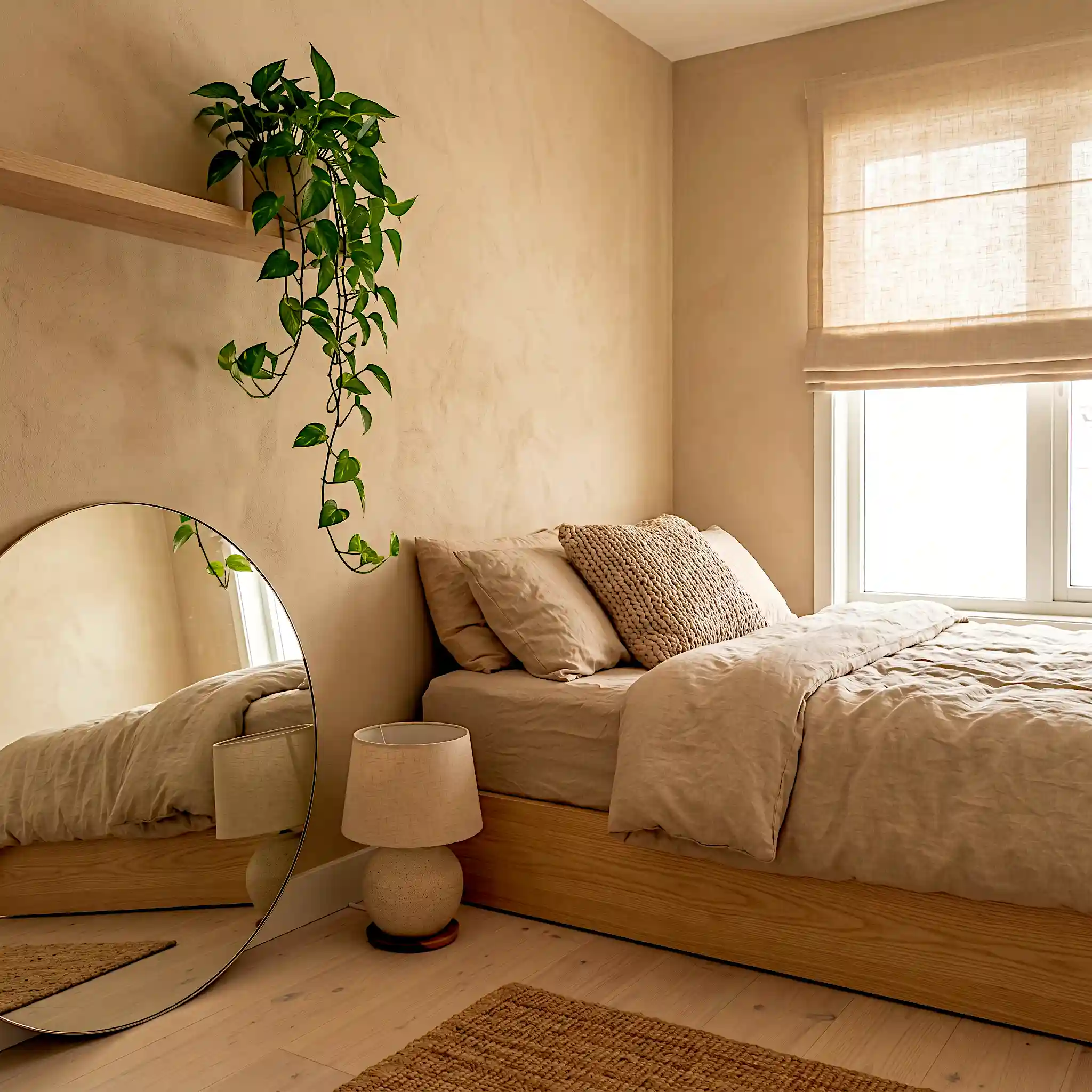 Monochromatic sand palette small Japandi bedroom with round mirror leaning against wall, trailing pothos on slim floating shelf and pale warm birch wood floor