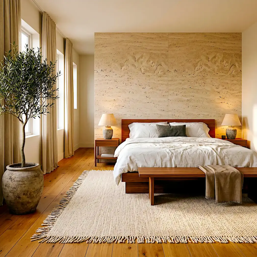 Luxury Japandi master bedroom with travertine stone texture feature wall, wide plank oak floor, king walnut platform bed, stone ceramic lamps and large olive tree in stone planter