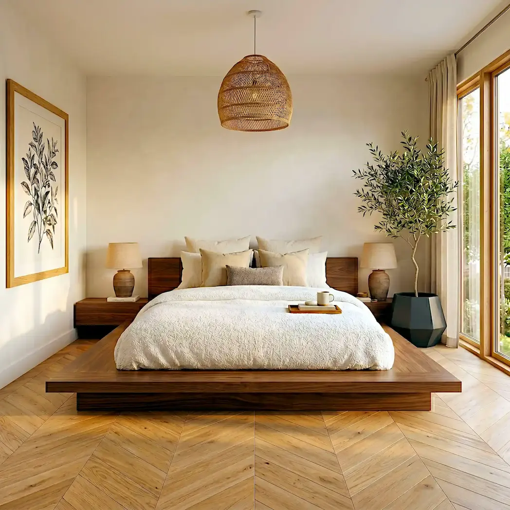 Luxury Japandi medium bedroom with wide walnut platform bed extended base surround serving as nightstands, rattan pendant light and olive tree in large terracotta planter