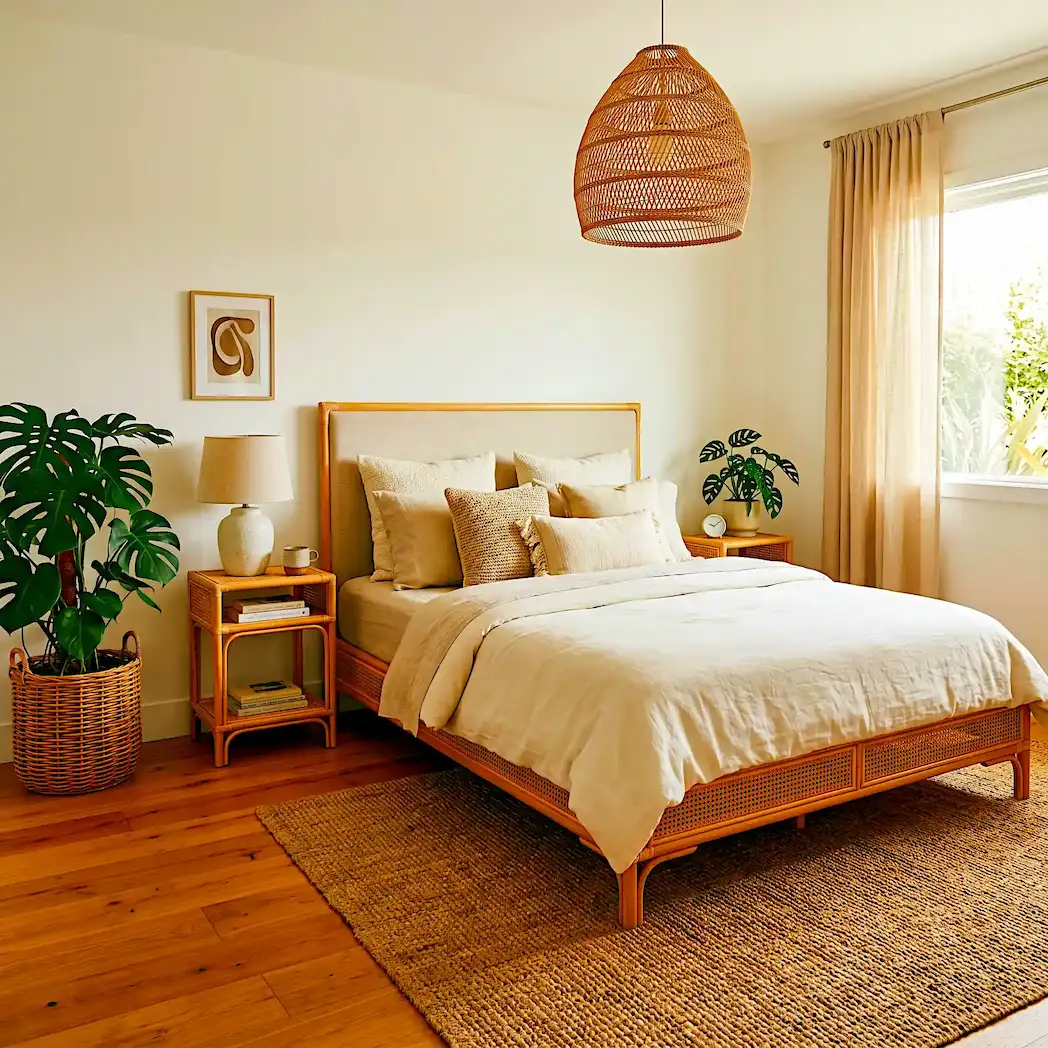 Rattan and linen Japandi medium bedroom with rattan bed frame, linen headboard insert, matching rattan nightstands, large rattan pendant light and monstera in woven basket