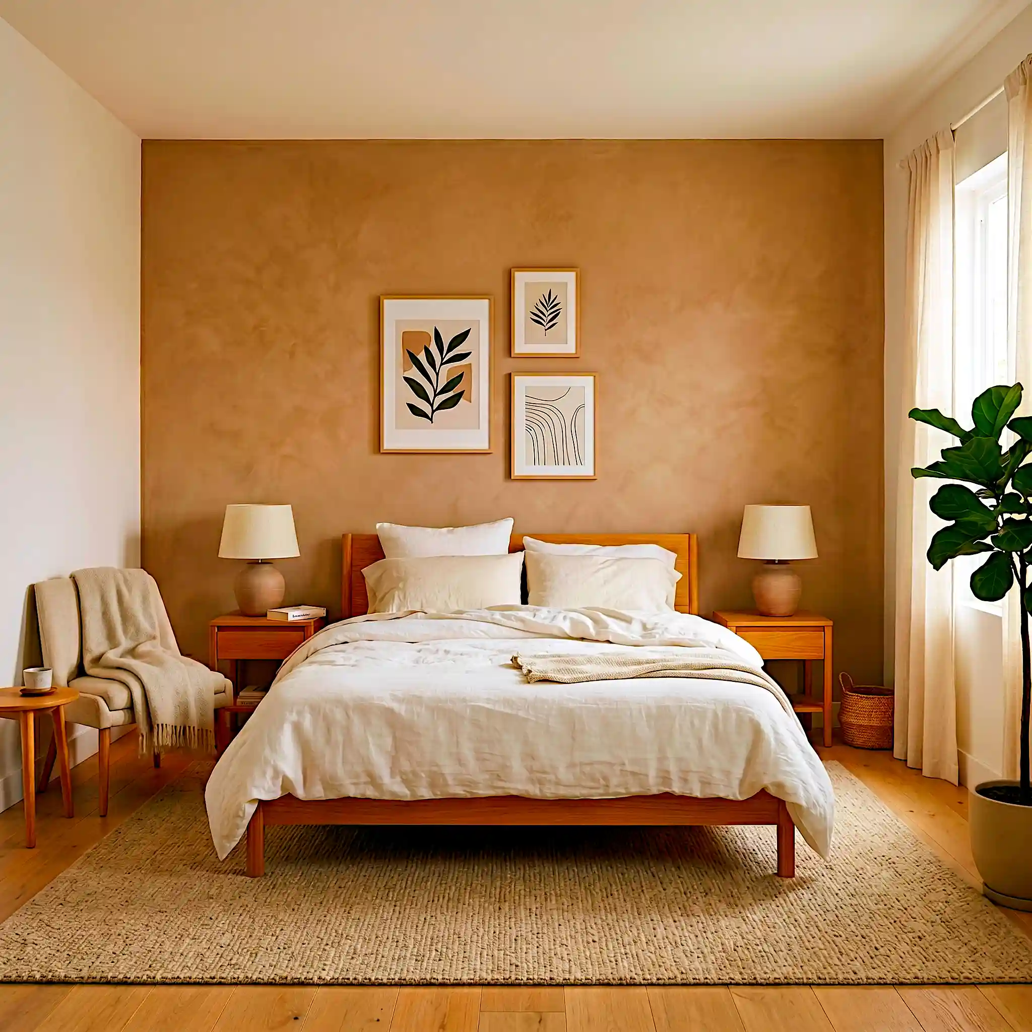 Japandi medium bedroom with warm clay limewash accent wall behind bed, natural linen reading chair with slim oak legs, sage green throw and matching slim oak nightstands