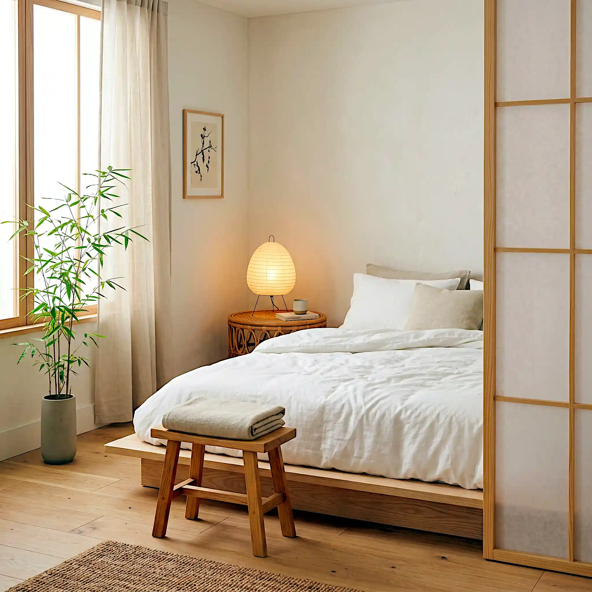 Japandi medium bedroom with shoji screen room divider panel beside low ash platform bed, paper lantern floor lamp warm glow and slim bamboo plant in ceramic pot