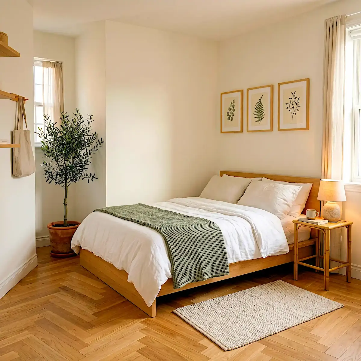 Small Japandi bedroom with three matching botanical prints in natural wood frames above bed, sage green linen throw, olive tree in terracotta corner pot