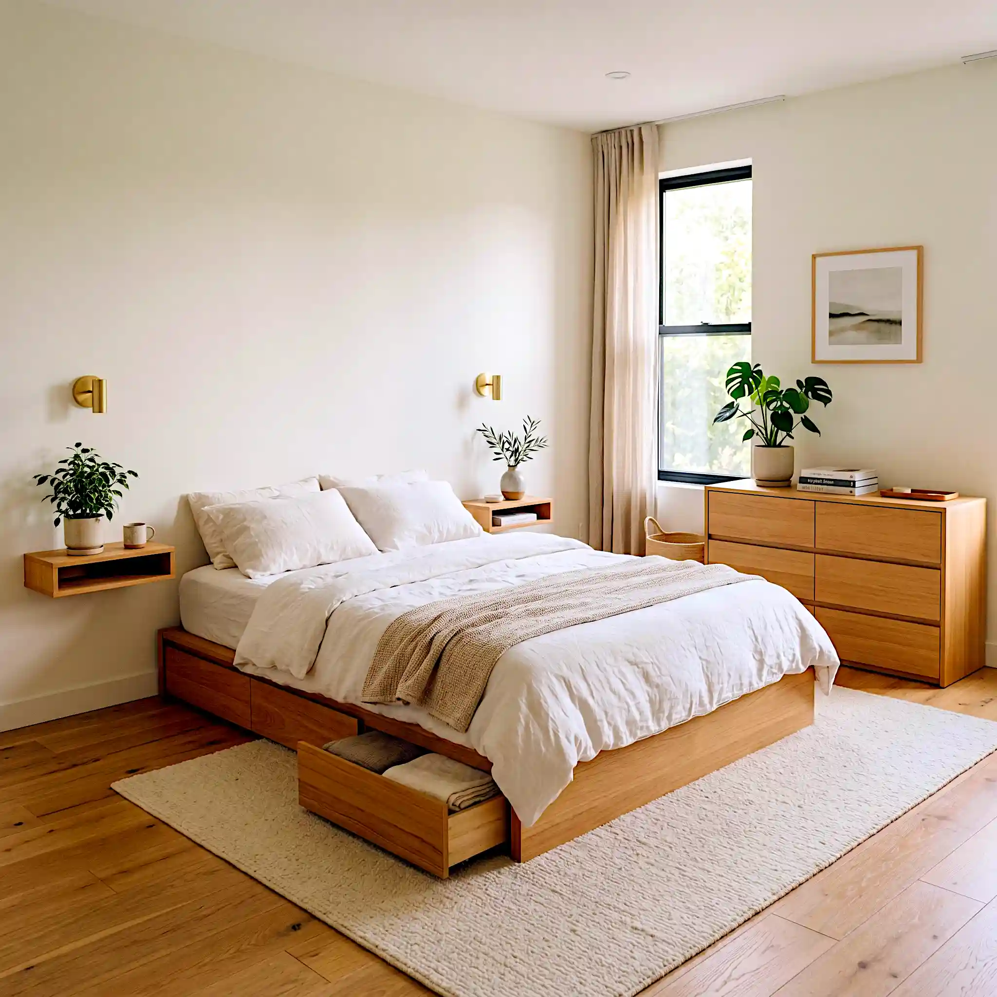 Storage focused Japandi medium bedroom with low platform bed with built-in drawers, floating oak wall shelves, push-to-open dresser and small ceramics on surfaces