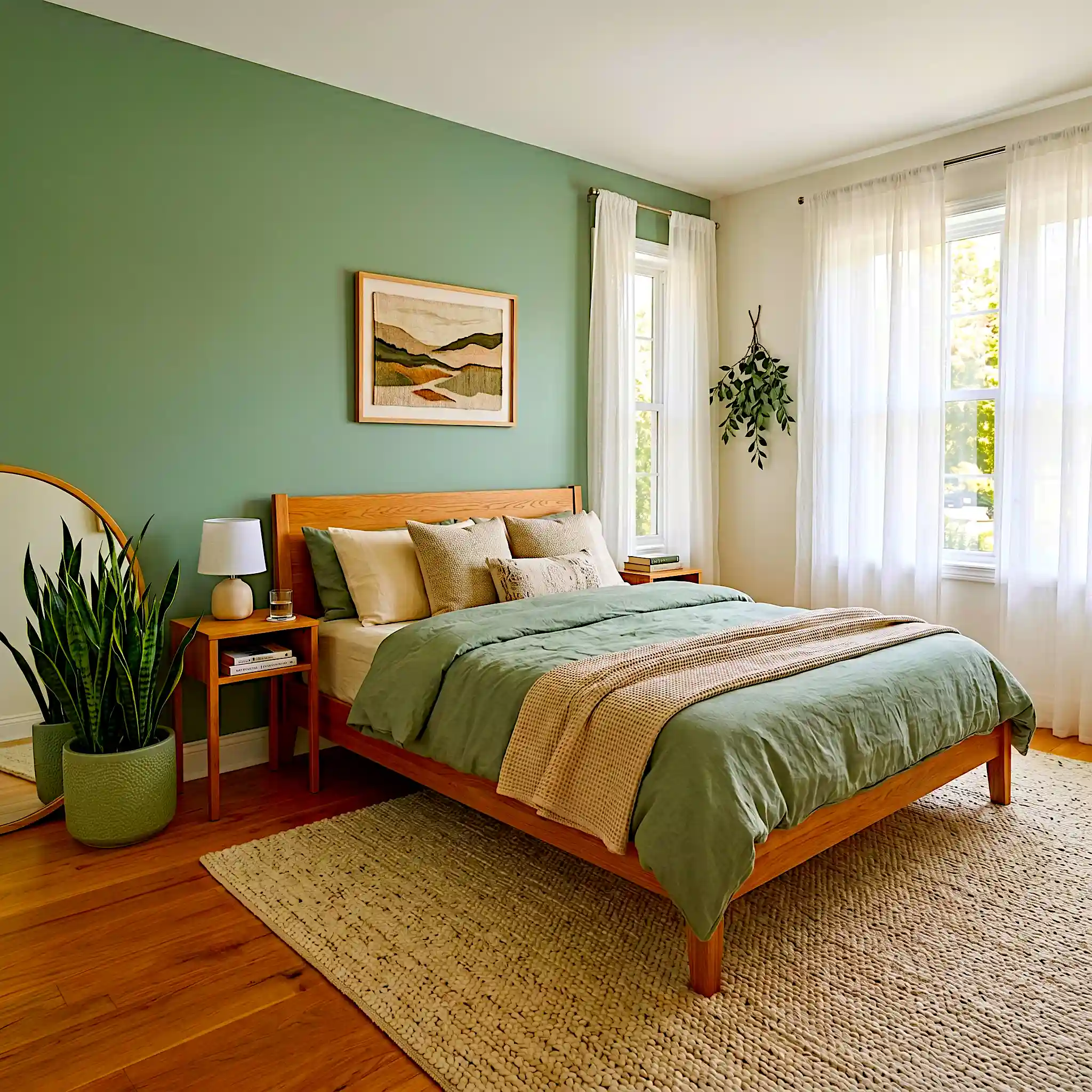 Full sage green Japandi medium bedroom with medium oak platform bed, cream linen duvet with oat pillows, round wood-framed leaning mirror and large snake plant
