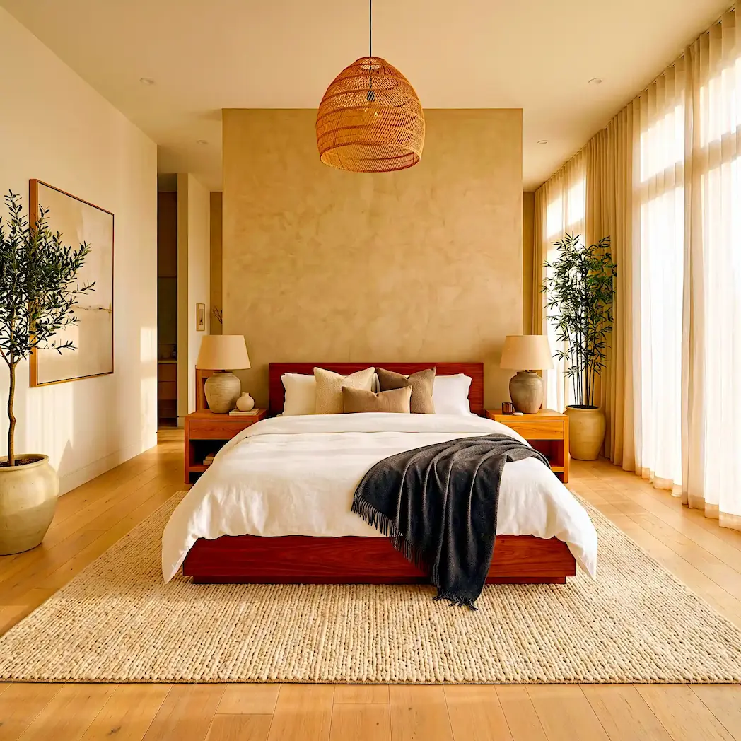 Aspirational large Japandi master bedroom with limewash clay feature wall, walnut king bed, olive tree and bamboo in large ceramic planters, rattan pendant light and three panel floor to ceiling sheers