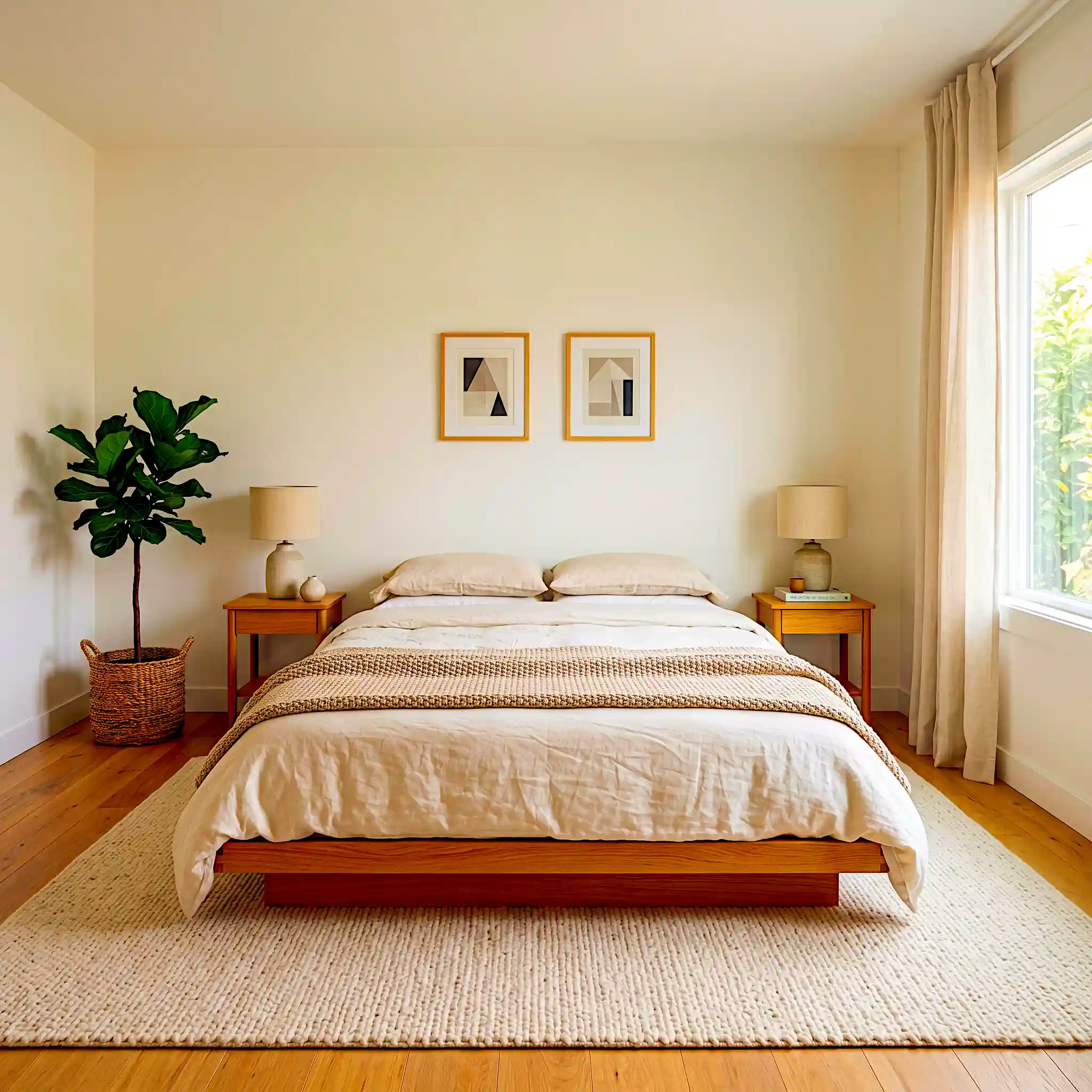 AI generated small Japandi bedroom featuring three evenly spaced botanical prints in natural oak frames above a low platform bed, sage green linen throw on white linen bedding, olive tree in terracotta corner pot on warm wood herringbone floor and cream wool area rug.