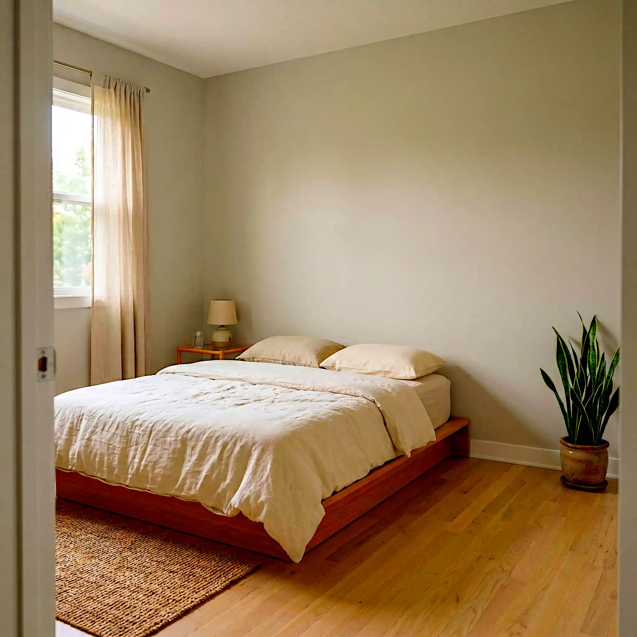 Small Japandi bedroom under 150 sq ft with low oak platform bed no headboard, cream linen duvet, bamboo nightstand with ceramic lamp and snake plant in terracotta pot