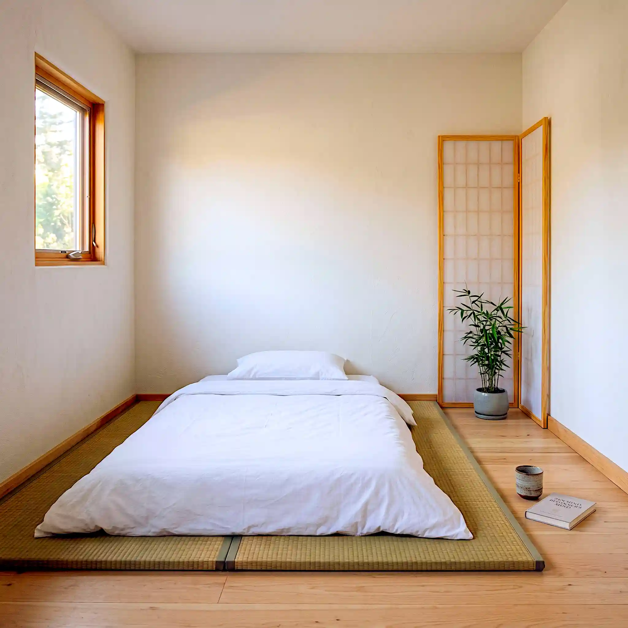 Ultra minimal Japandi studio bedroom with floor level Japanese futon on woven tatami mat, shoji screen panel divider and small bamboo plant in white ceramic pot