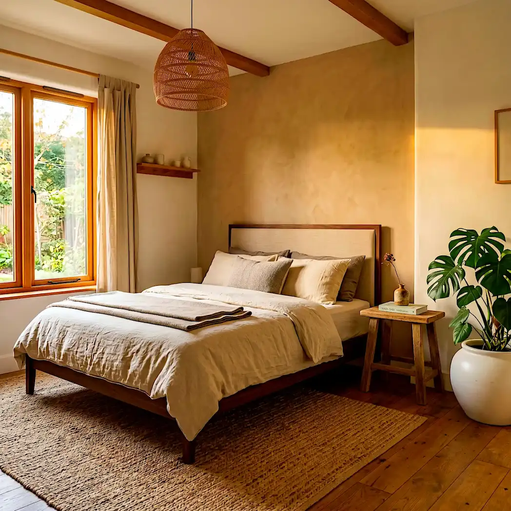 Wabi-Sabi Japandi medium bedroom with clay limewash plaster feature wall, oatmeal linen headboard, weathered oak nightstand, ceramic bud vase and handwoven jute rug