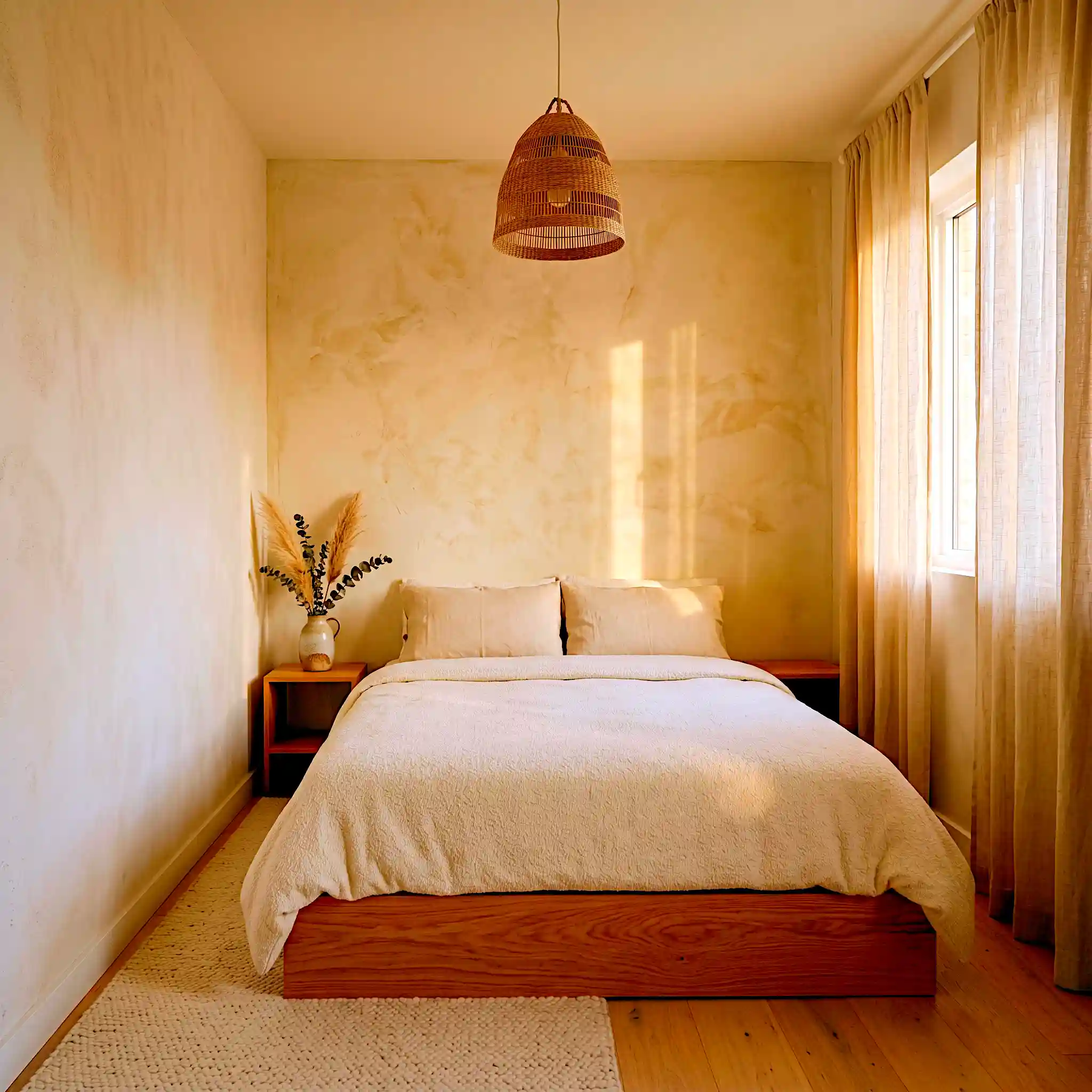Cozy small Japandi bedroom with woven rattan pendant light above low oak bed, cream boucle duvet, warm clay plaster feature wall and textured wool rug