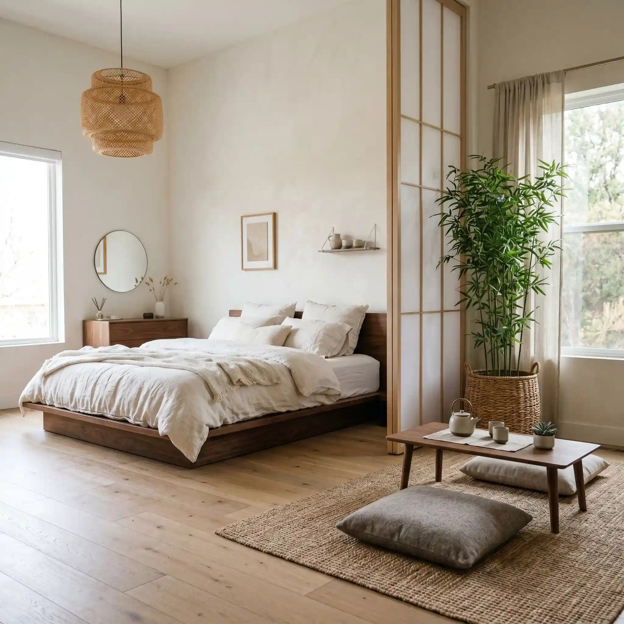 Large Japandi bedroom with floor cushion meditation corner around low chabudai Japanese table, shoji screen room divider, tatami woven rug and tall bamboo plant in woven basket
