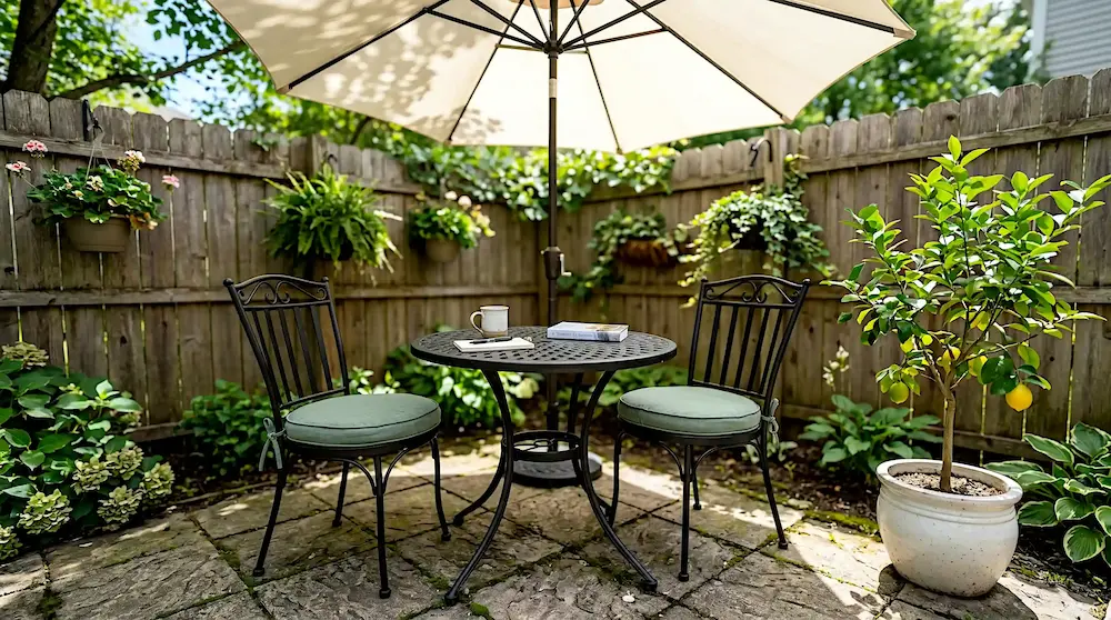 Black metal bistro table and two chairs with a cream canvas patio umbrella on a small backyard patio with a potted lemon tree