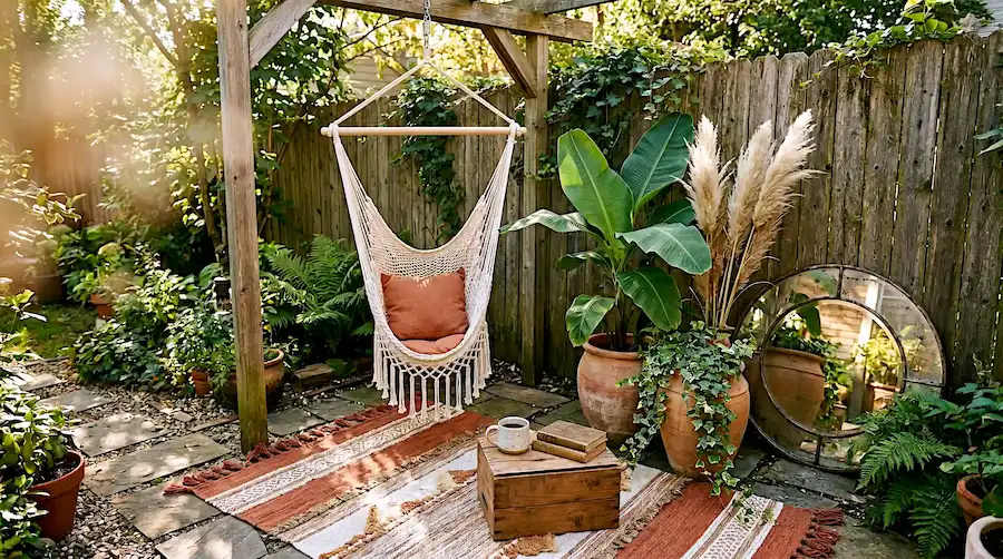 Small backyard patio with a suspended macramé hanging chair, layered rust and cream outdoor rugs, tall terracotta pots with pampas grass and banana leaf plants, and a low wooden crate side table