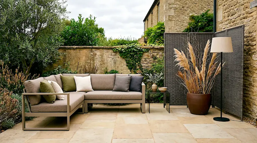 Small patio with a warm greige outdoor sectional sofa, tall bamboo privacy screen with dried pampas grasses, honed sandstone pavers, and a matte black freestanding outdoor floor lamp