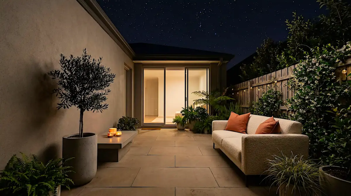 Small outdoor patio at night with open sky above, a cream bouclé-look loveseat, honed concrete side table with lit tea light candles, and an olive tree in a concrete planter