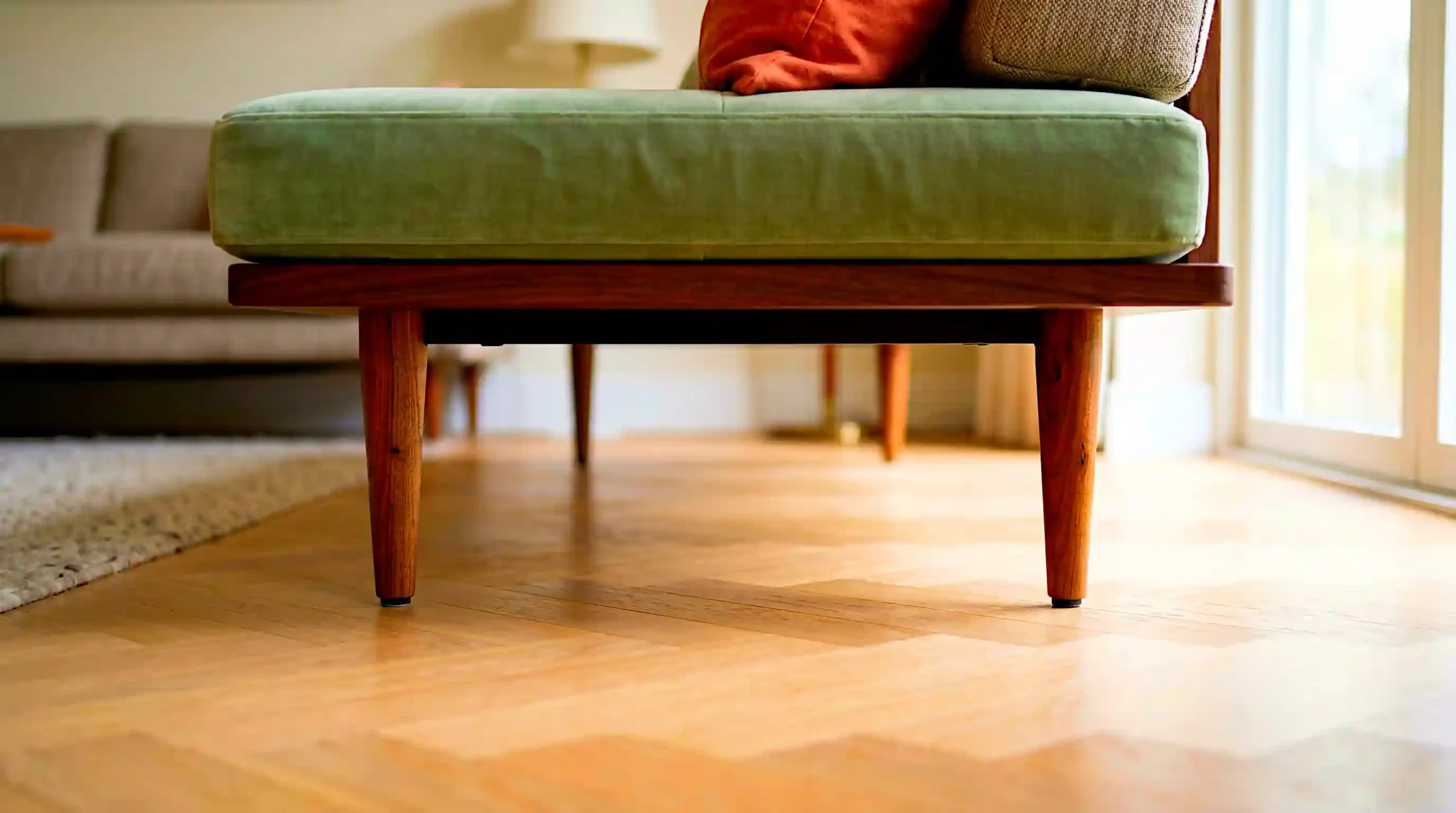 Close-up of slim tapered walnut legs of a low-profile cream sofa showing the gap between the sofa base and the pale oak herringbone floor